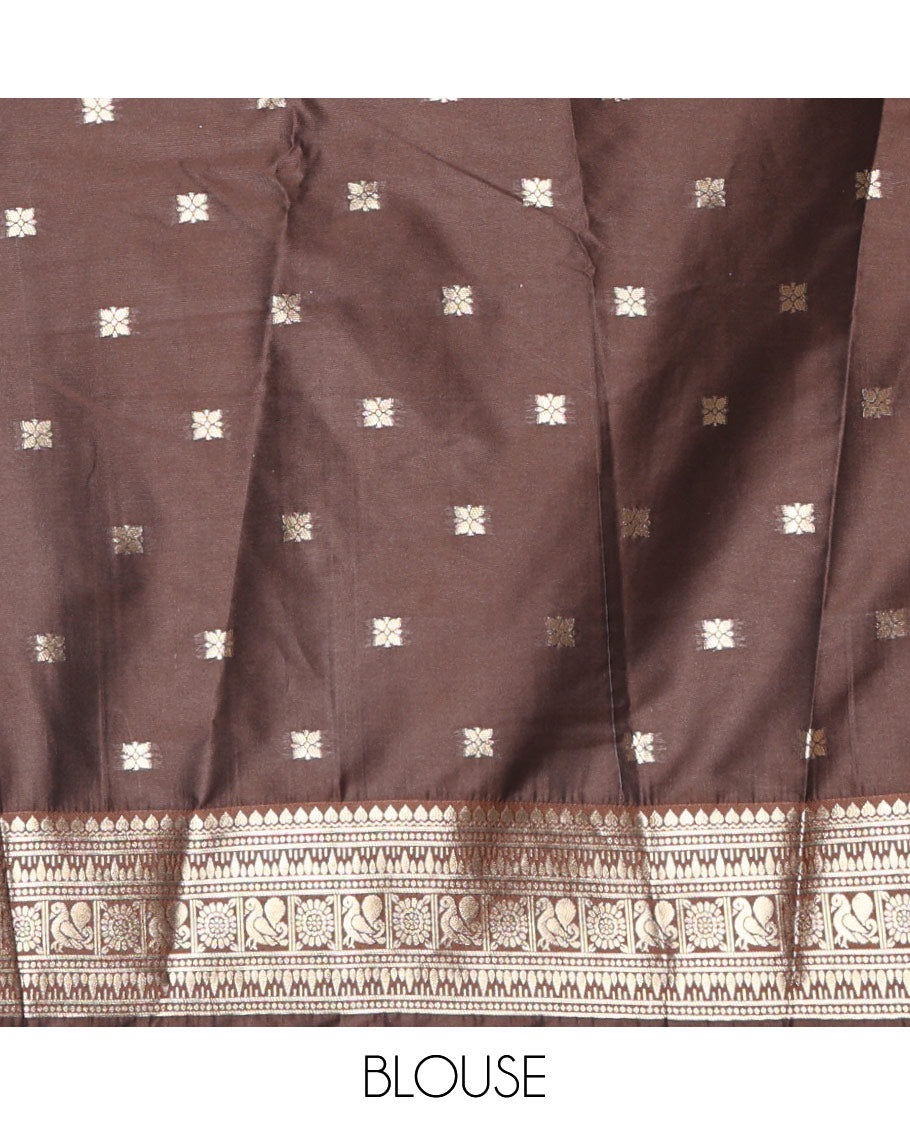 Rust orange peacock zari buttas kanchi soft-silk saree, contrast traditional zari design rettai pettu border, zari-rich intricate pallu, and a contrast zari design blouse