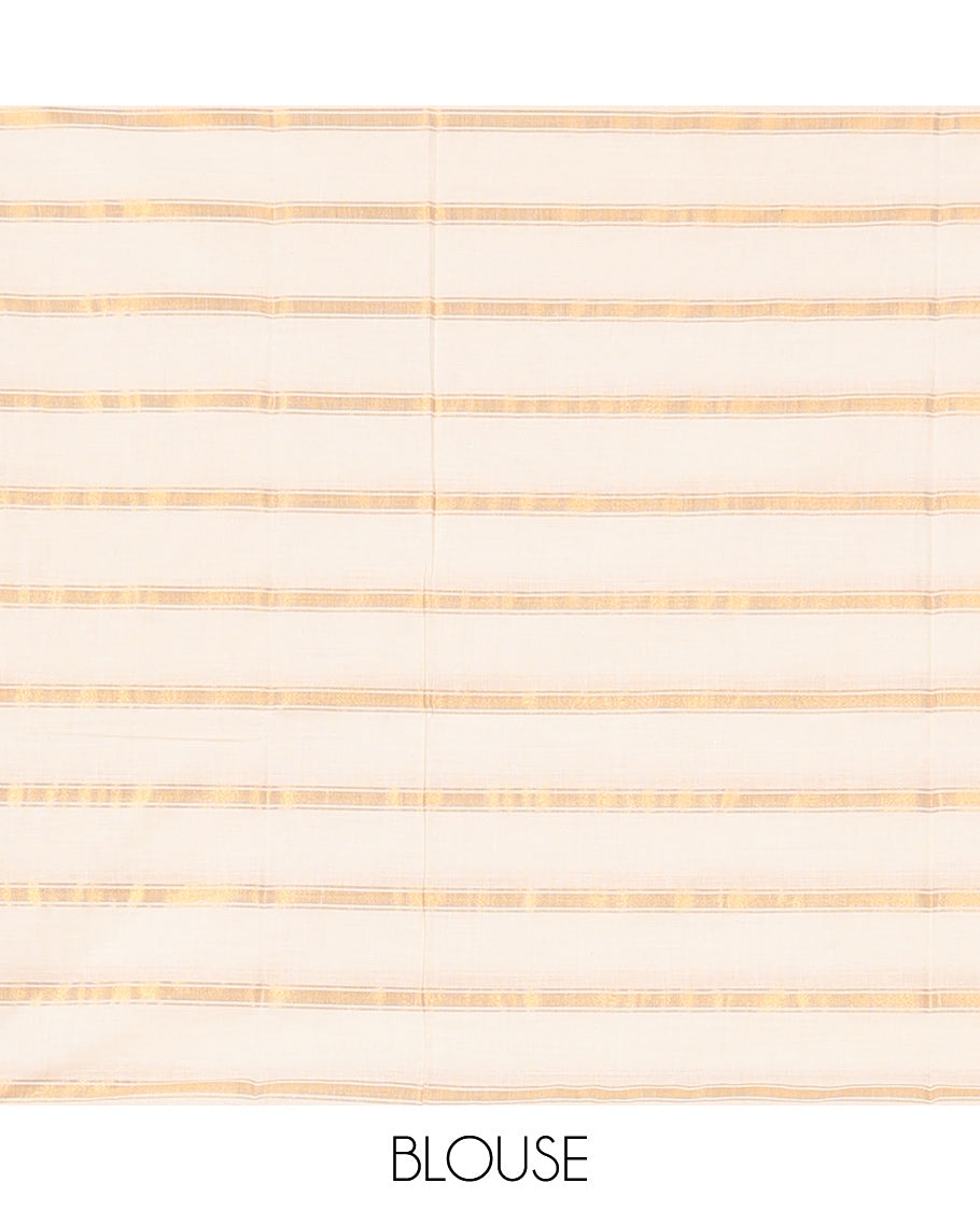 Borderless Cream Kerala Saree, Detailed with Zari Stripes on Its Body, Self-Pallu Mirrors the Same Design, and Paired with a Matching Blouse