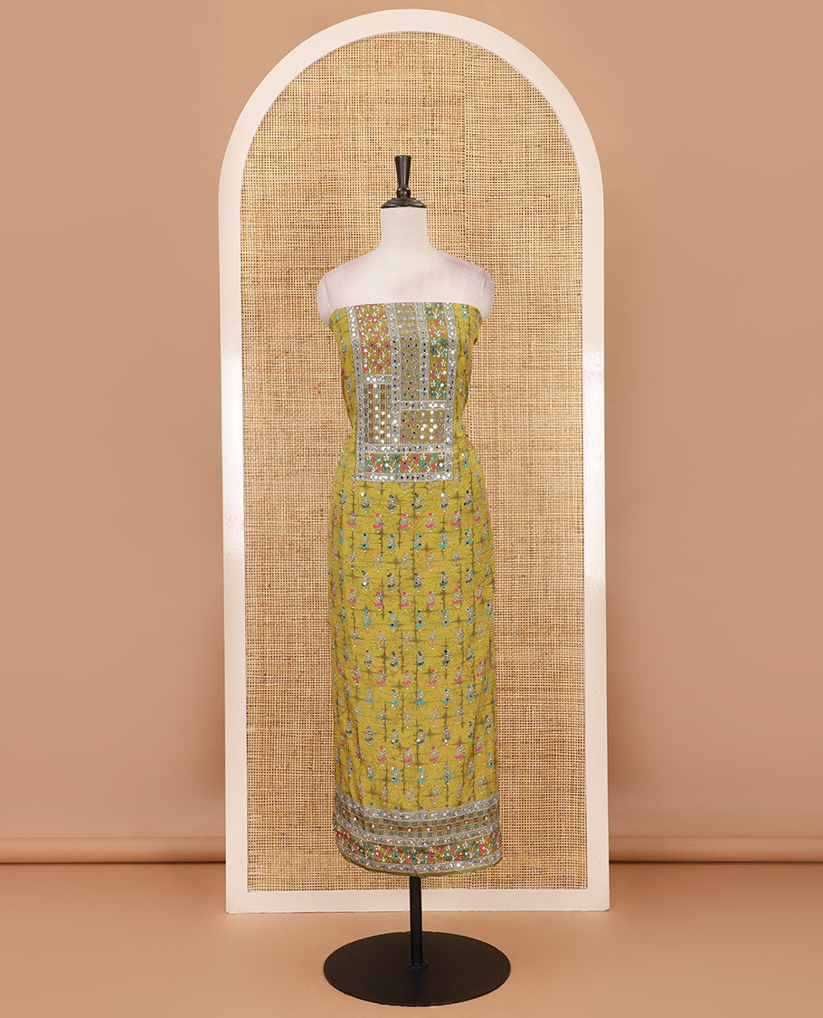 Green material chudidar set, floral-theme batik printed with mirror embroidered crepe top, santoon bottom, and Chinon dupatta of print, and mirror embroidery