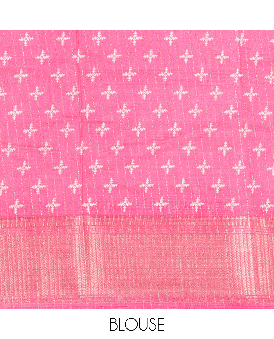 Pink zari stripes & floral motifs printed dola silk saree, traditional zari border, printed pallu & small butta printed blouse