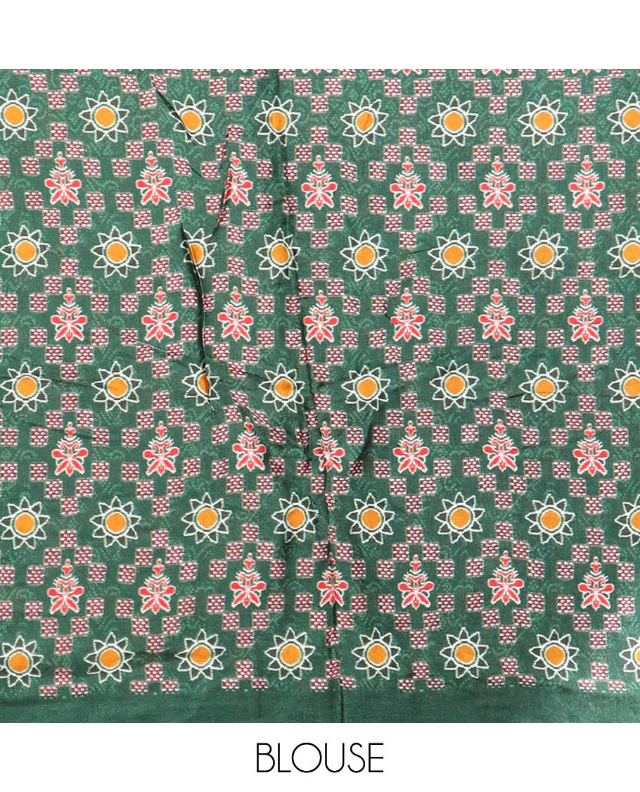 Red checked design semi-banaras printed saree with contrast geometric border & animal, geometric design pallu