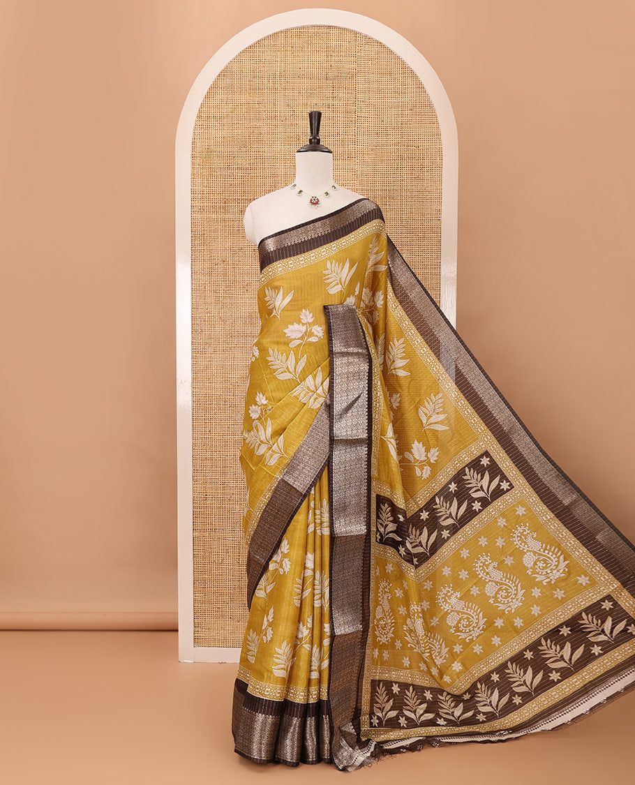 Mustard zari striped & floral printed dola silk saree,contrast zari design border,floral-paisley print pallu, printed-zari-work blouse