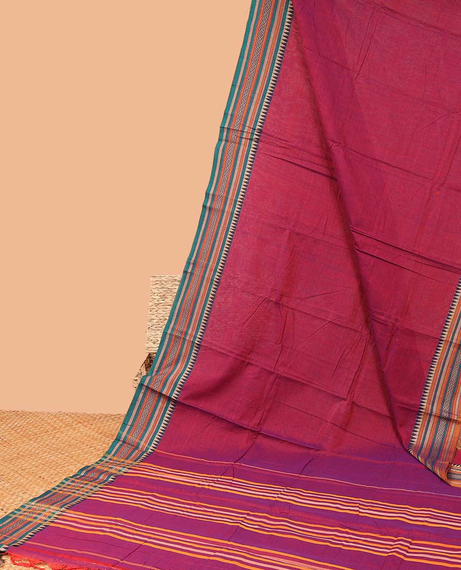 Red plain Narayanapet cotton saree, contrast traditional design border & striped pallu