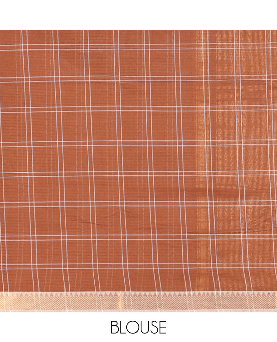 Brown checked design khadi cotton saree, contrast zari border & traditional zari design pallu
