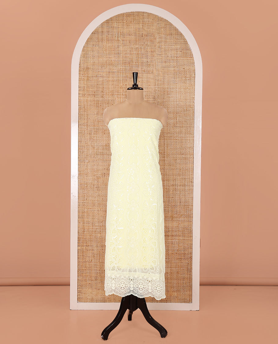 Lemon Yellow Fox Georgette Material Chudidar Set, Adorned with Cut Work and Sequins Embroidered Top, a Plain American Crepe Bottom, and Comes with a Embroidered Georgette Scallop Dupatta