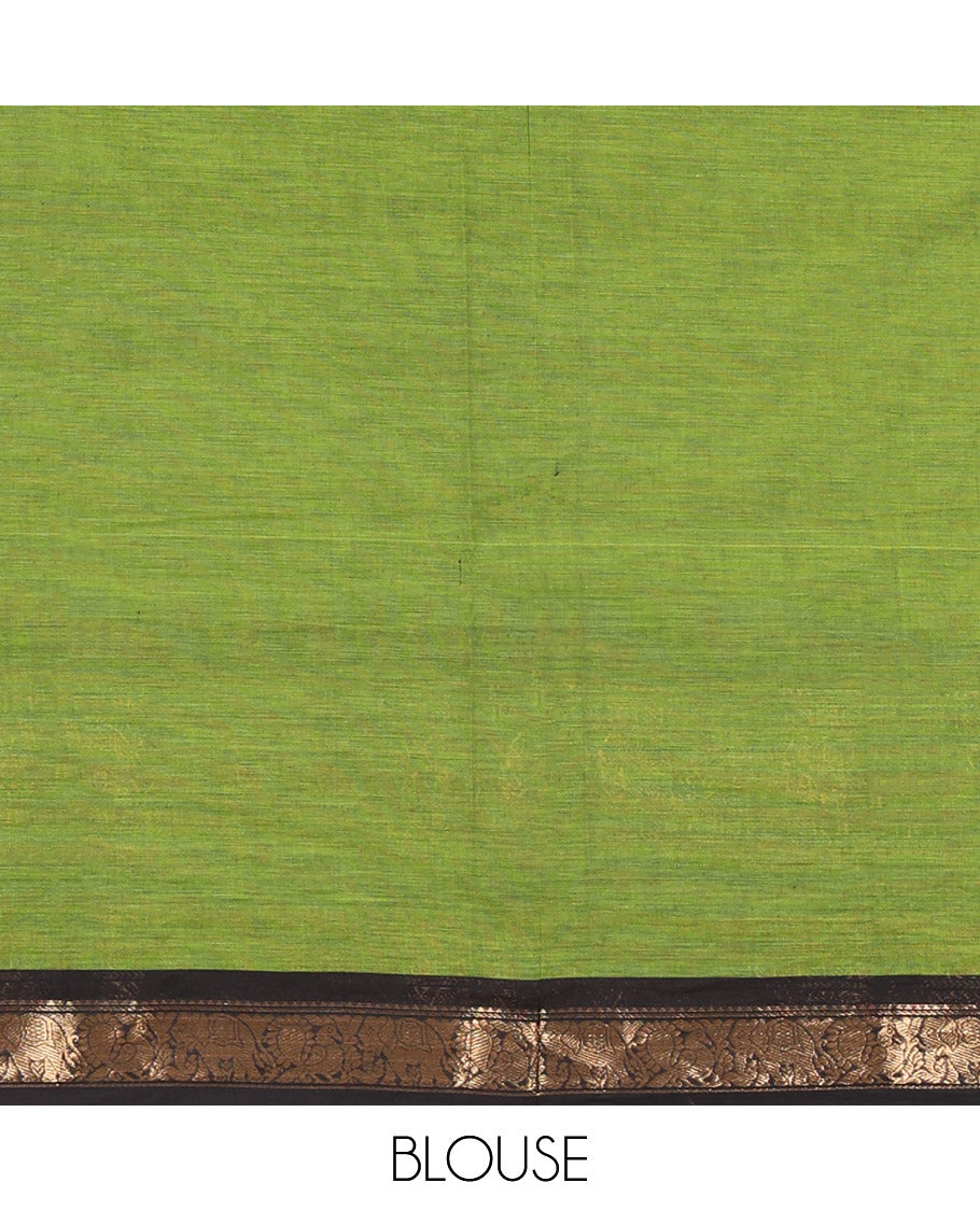 Green Plain Chettinad Cotton Saree, Contrast Traditional Rettai Pettu Temple Border of Peacock and Elephant Designs, Striped Pallu,With Matching Blouse