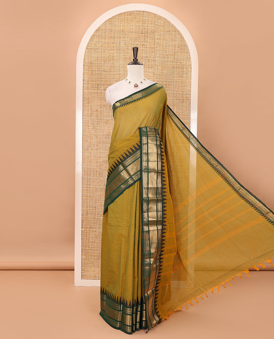 Mehendi green plain Chettinad cotton saree, contrast temple traditional zari design border, striped pallu & matching plain zari border blouse
