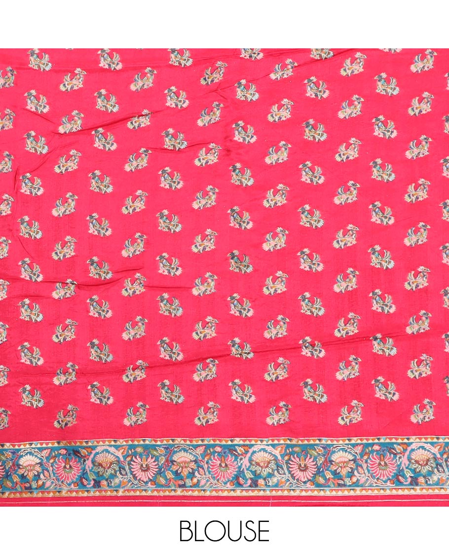 Cream floral vine design semi-banaras dola silk saree with contrast border & intricate design pallu