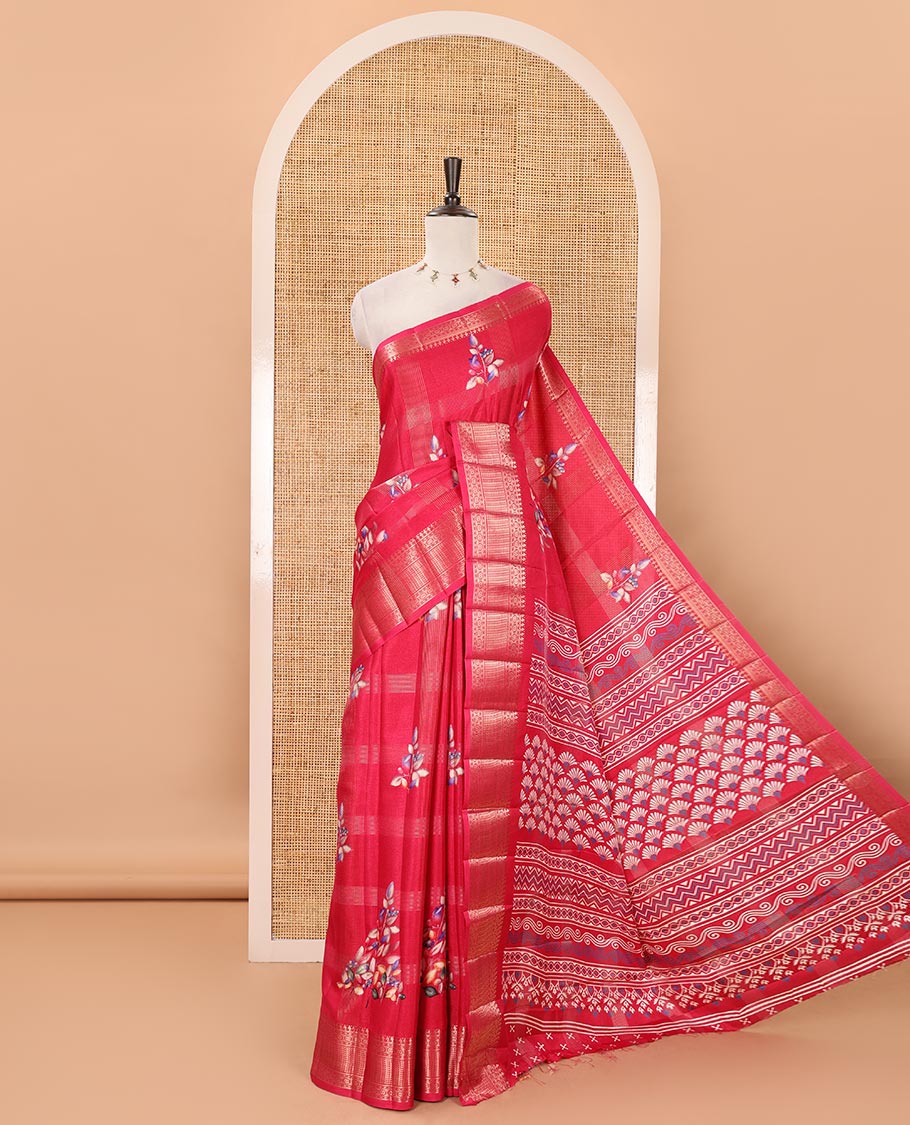 Dark pink zari striped & floral digital printed fancy tussar silk saree traditional zari border, geometric printed pallu & discharge printed blouse