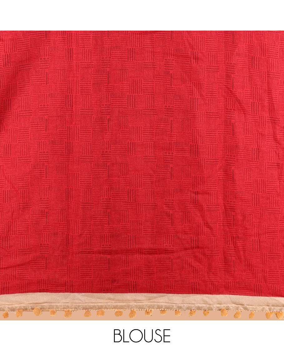 Chikku Chanderi Cotton Saree, Steeped with Small and Big Polka Dots on Its Body, Subtle Pom-Pom Tasseled Border, a Self-Pallu, and Paired with a Contrast Blouse