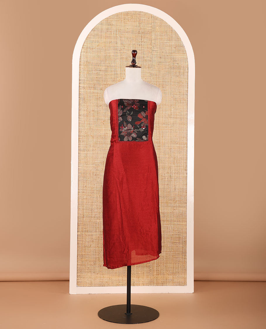 Red material chudidar set,brasso floral print & mirror neck embroidery vichitra silk top,santoon bottom & floral print georgette dupatta