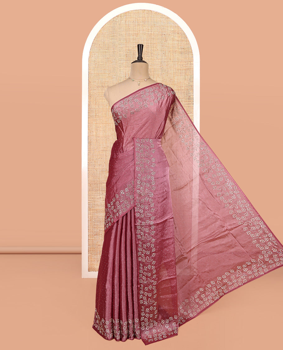 Purple Designer Saree, Spotlighted with Stones All Over Its Body, a Floral Embroidered Border, and Matching Blouse