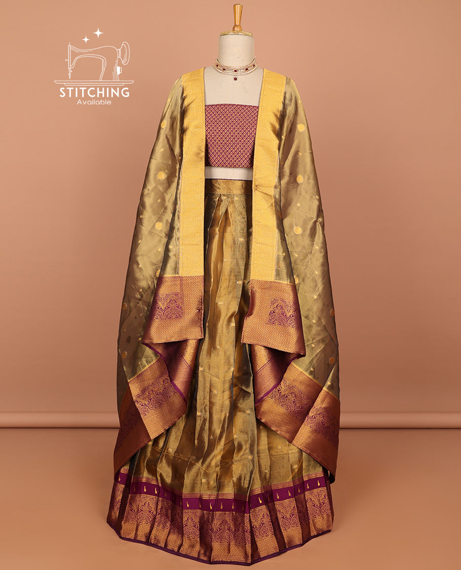 Brown zari buttas art silk half saree with contrast zari maroon border, zari checked design blouse & intricate zari design dhavani