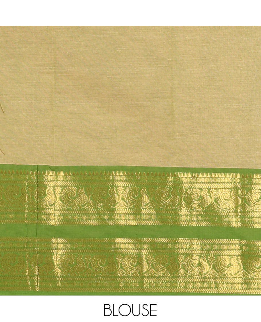 Green Plain Chettinad Cotton Saree, a Contrast Traditional Rettai Pettu Temple Border, Striped Palu, and a Matching Blouse