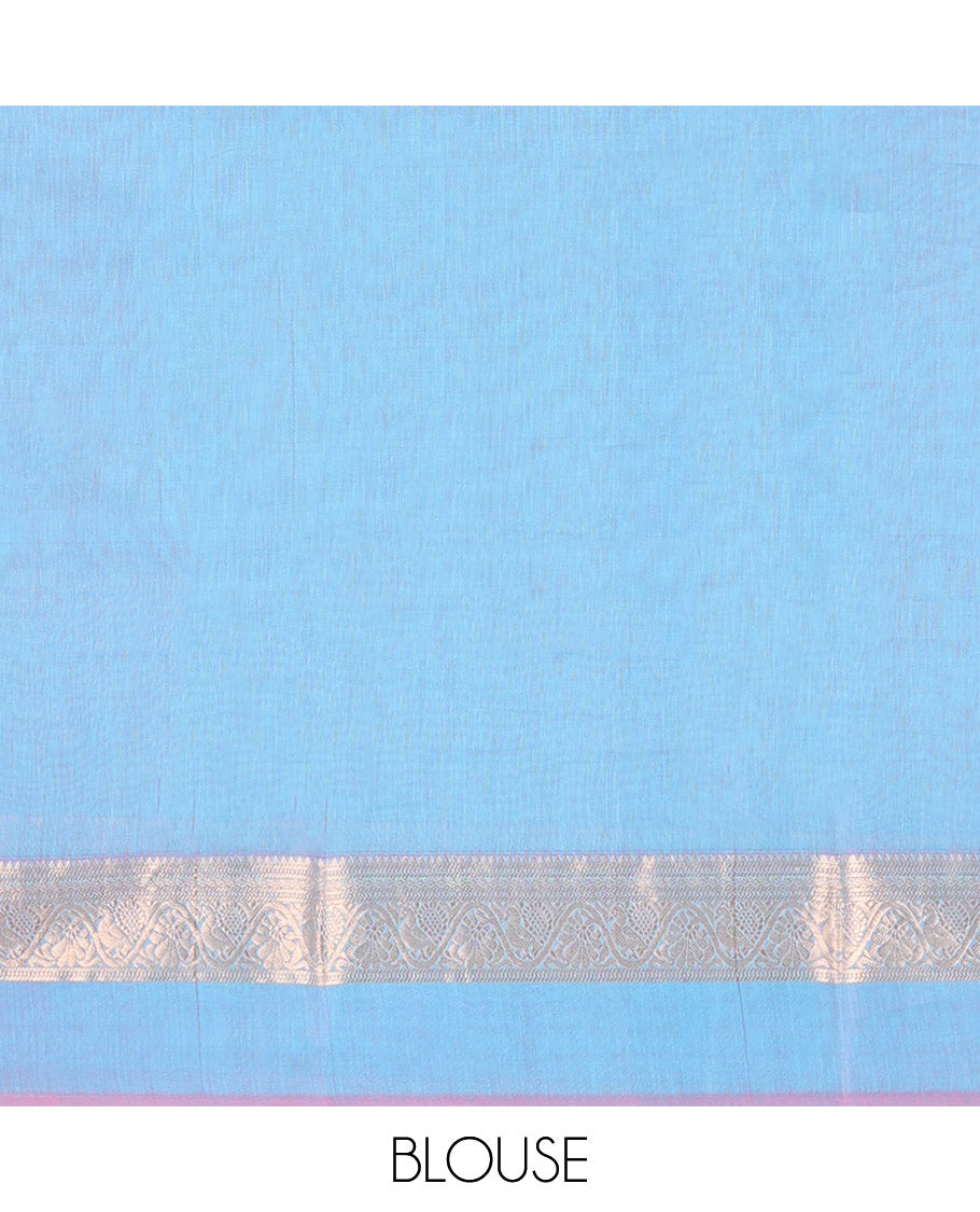 Light blue floral motifs silk cotton saree with contrast zari design border & intricate jaal design pallu