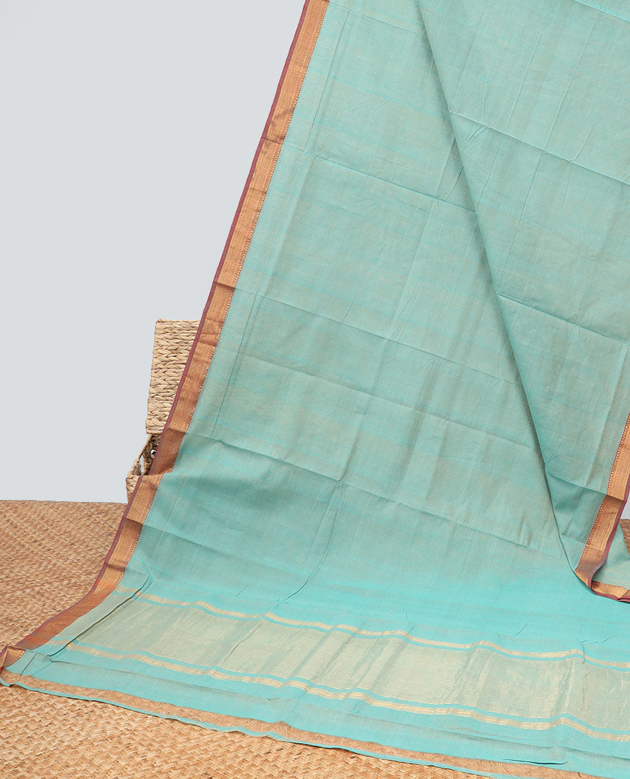 Blue plain mangalagiri cotton saree contrast temple border & striped pallu