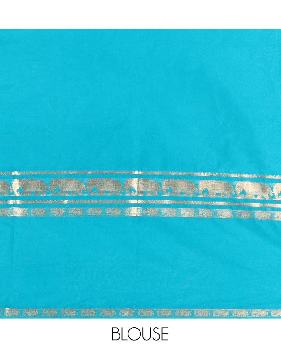 Pink Plain Art Mysore Silk Saree, Complemented by Captivating Contrast Rettai Pettu Traditional Border of Elephant Zari Buttas, Striped Pallu, and Paired with a Contrast Blouse