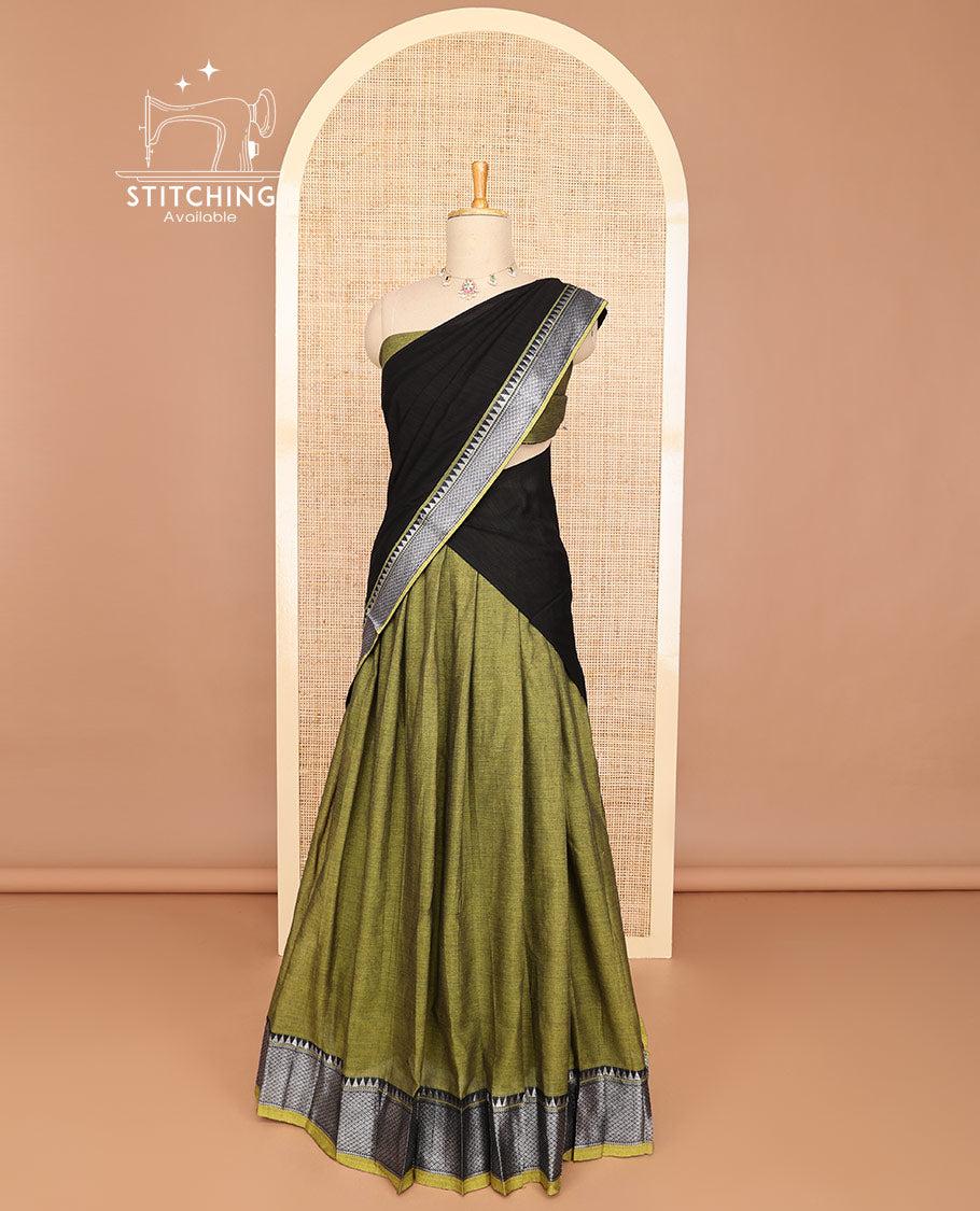 Green half saree with self zari design border, zari design blouse & plain, intricate zari design border dhavani