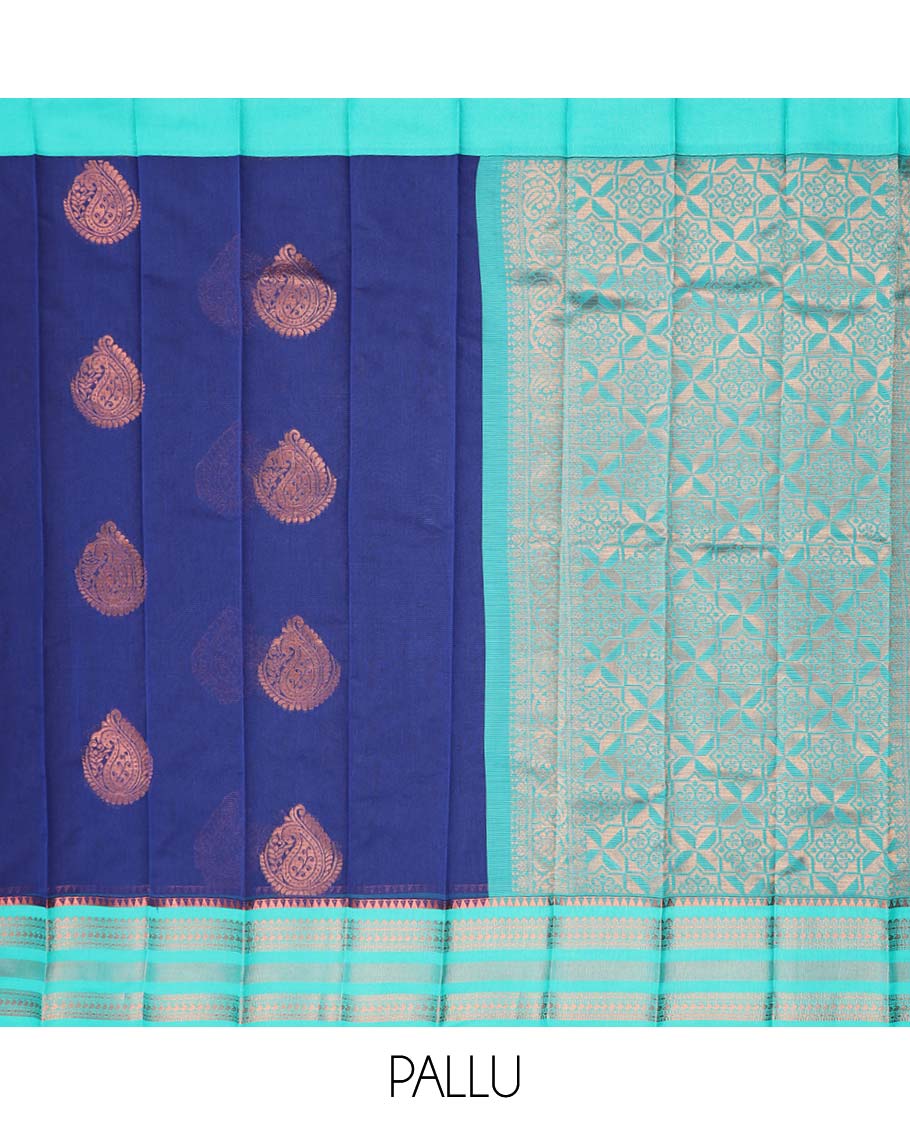 Blue floral motifs kora cotton saree with contrast temple border & floral zari design pallu
