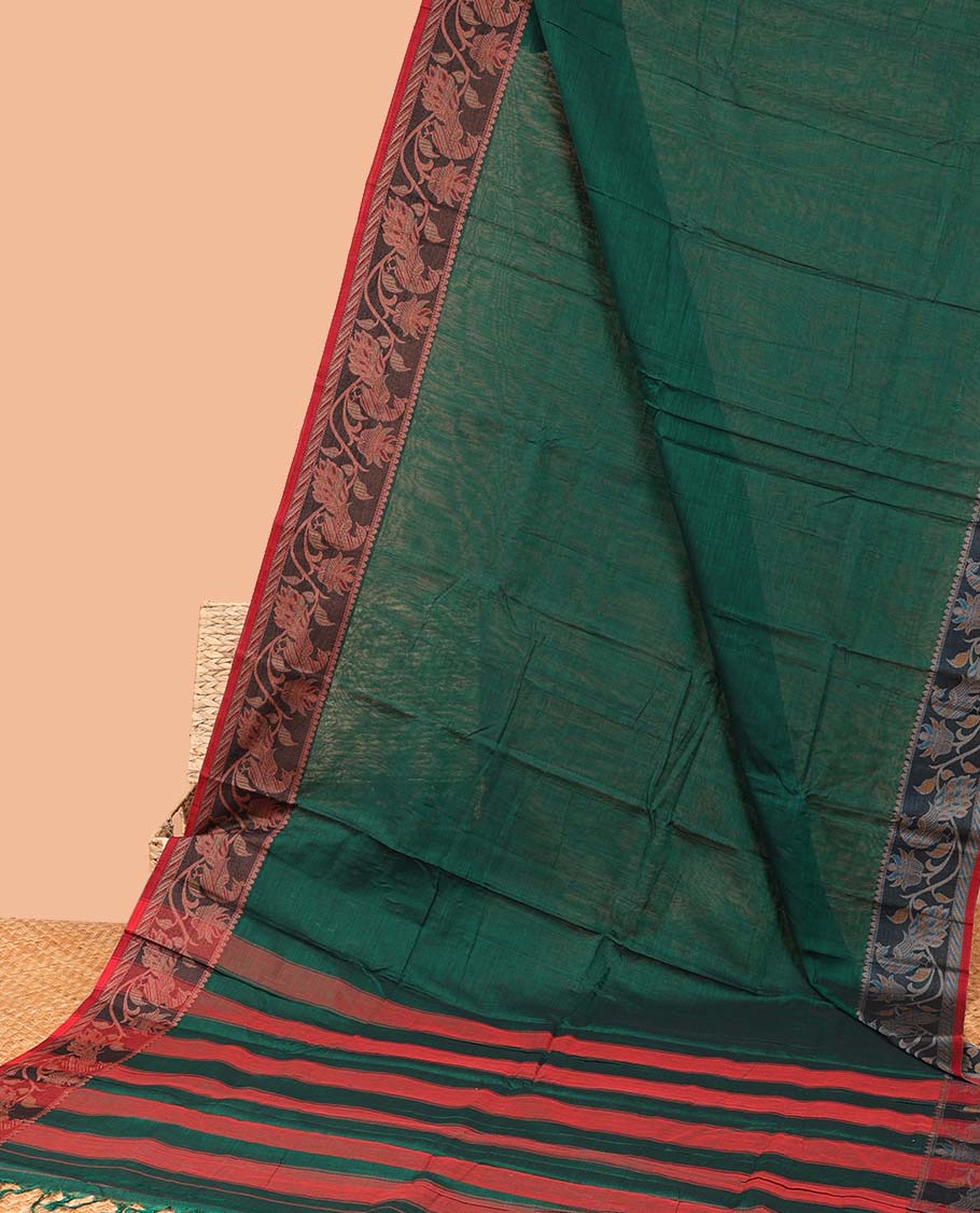 Green plain Narayanapet cotton saree, contrast floral design ganga jamuna border & striped pallu