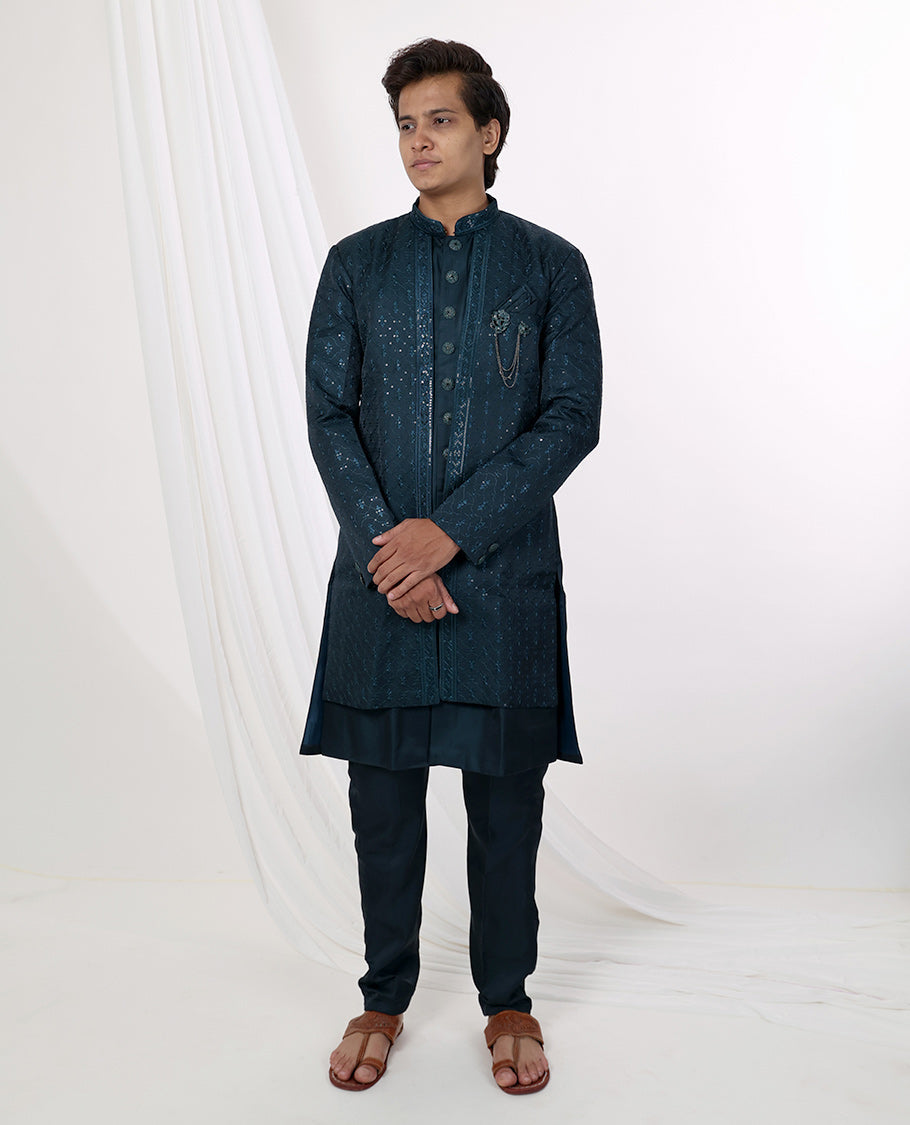Dark blue floral thread embroidery with sequins work mandarin collar & full-sleeve long raw silk kurta