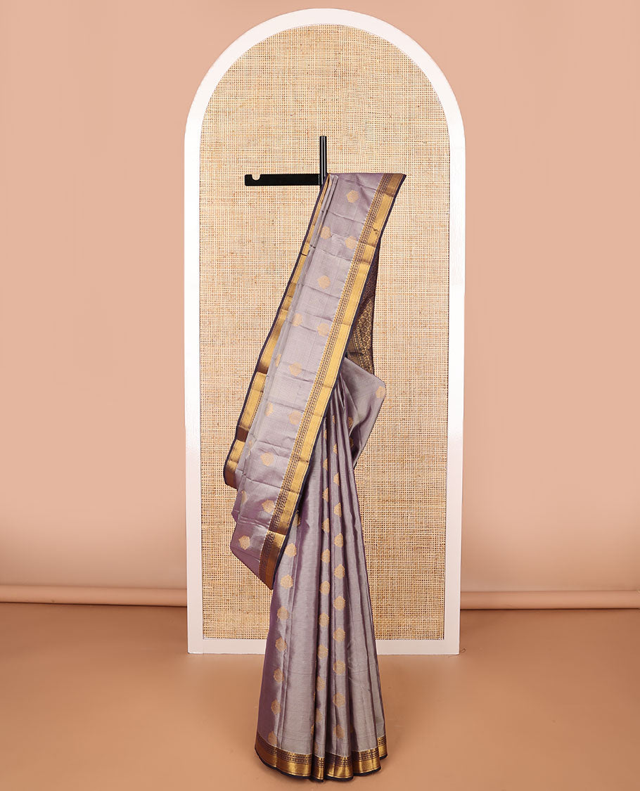 Grey striped, floral buttas vasundhara elite silk saree with contrast traditional zari design border & floral jaal design pallu