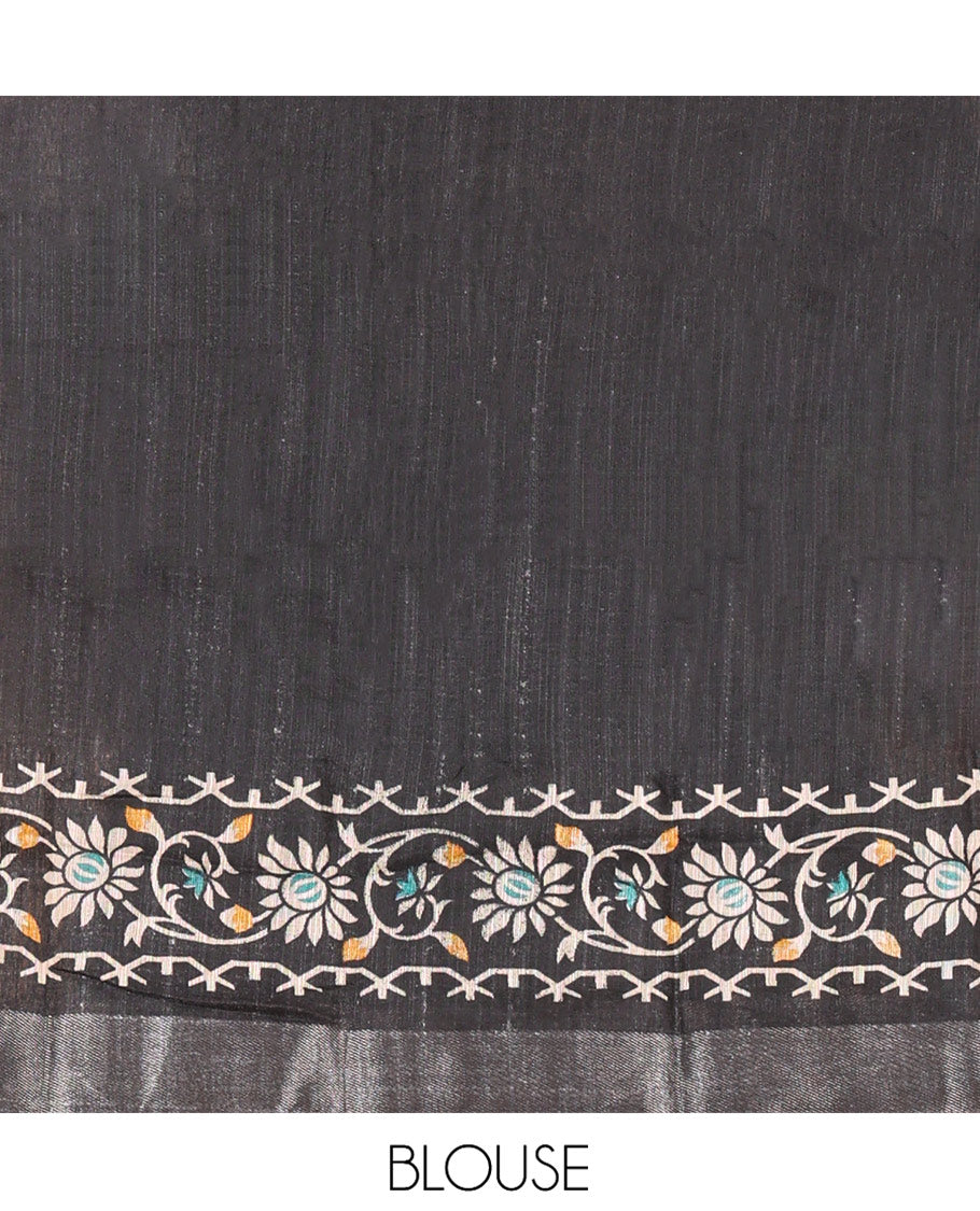 Black Jute Linen Saree, Steeped with Jamdani Buttas, a Silver Zari Border, Jamdani Pallu and a Plain Blouse