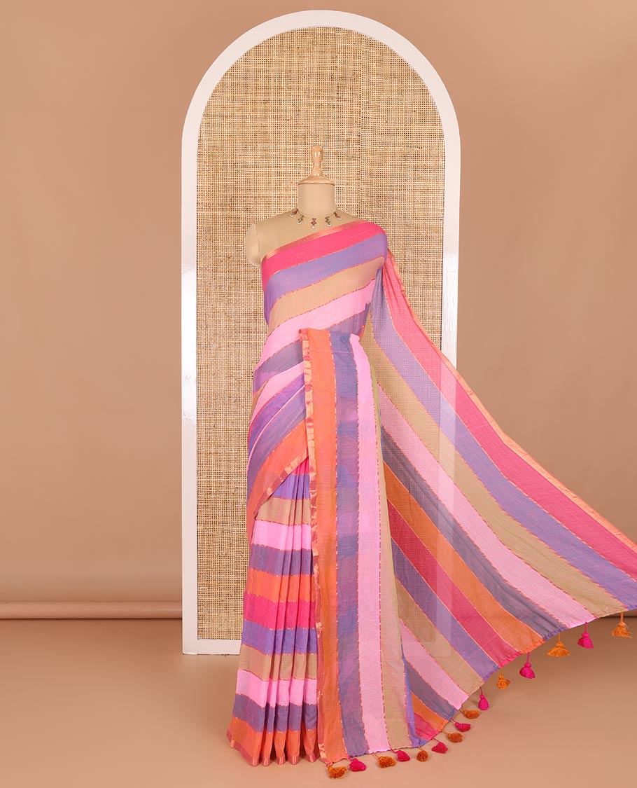 Rani rainbow-style striped Khadi mul cotton saree with piping zari border, and a matching zari striped blouse