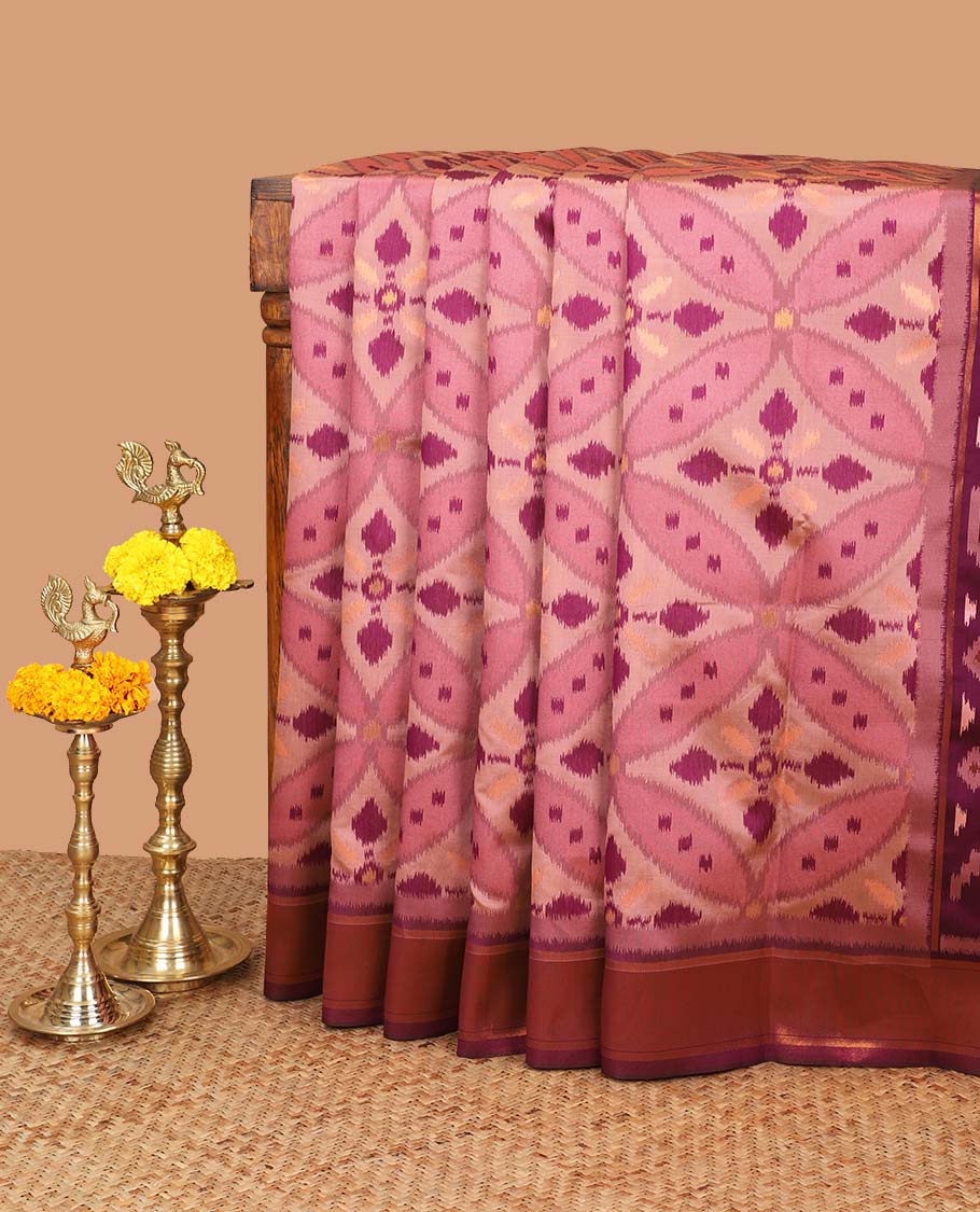 Light pink with purple zari pochampalli weaving design mulberry silk saree with bawanchi, ikkat weaving border & rich pochampalli weaving pallu along with plain blouse