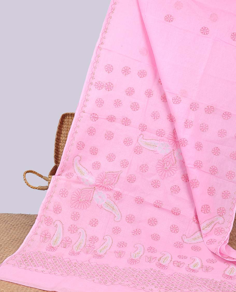 Pink floral embroidery lucknowi chikankari cotton saree,self scallop design border & pallu of floral, paisley embroidery