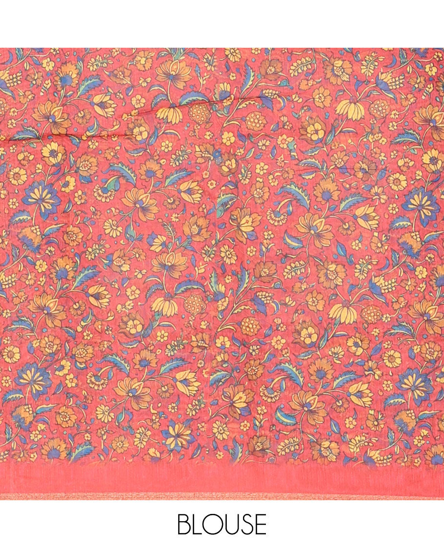 Peacock Blue Mercerised Cotton Saree, Decked Up with Shibori Printed on Its Body, Complemented by a Contrast Border, Pallu Steeped with Colorful Floral Print, and Paired with a Contrast Printed Blouse