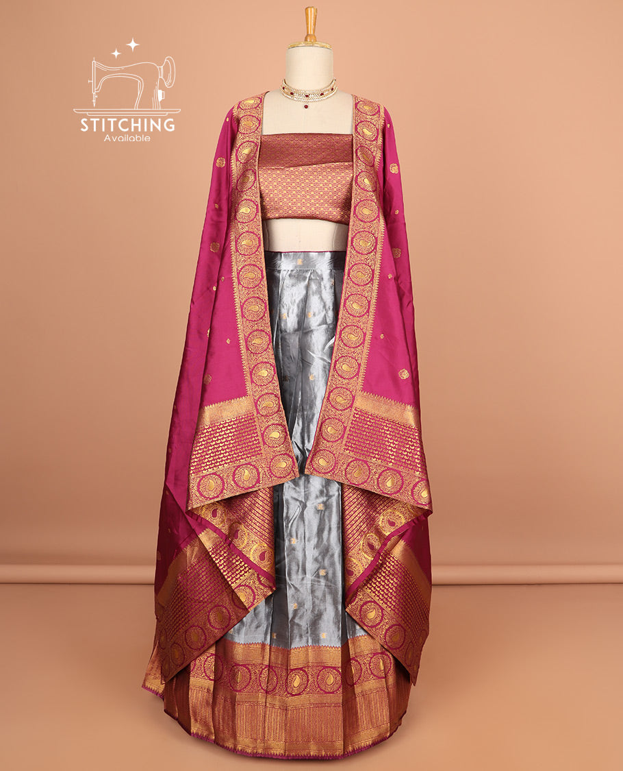 Grey floral buttas half saree with contrast zari design border, zari design blouse & floral zari design dhavani