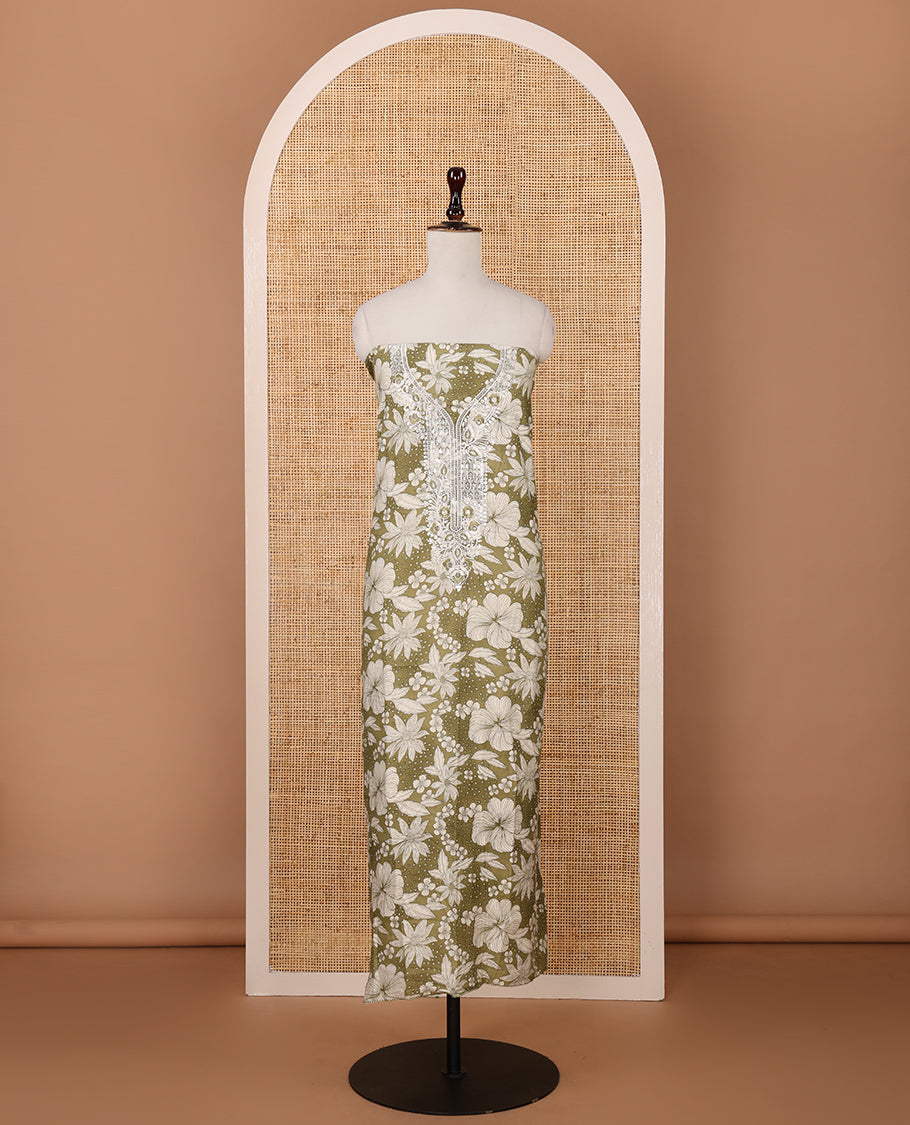 Green cotton chudidar material set,floral print & neck sequin embroidery top,stripes printed bottom & floral printed dupatta