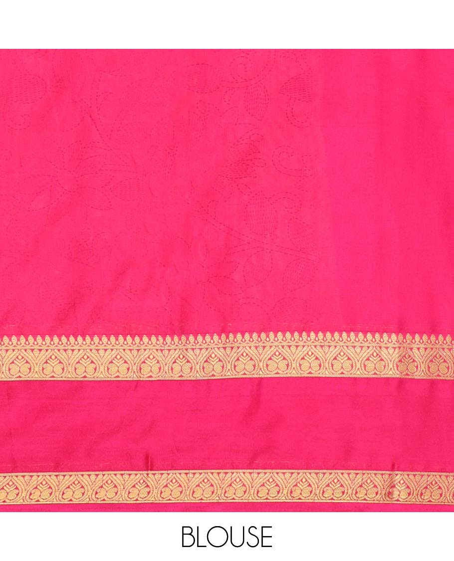 Orange madhubani-style floral vine semi-banaras printed saree, contrast traditional design border & striped pallu