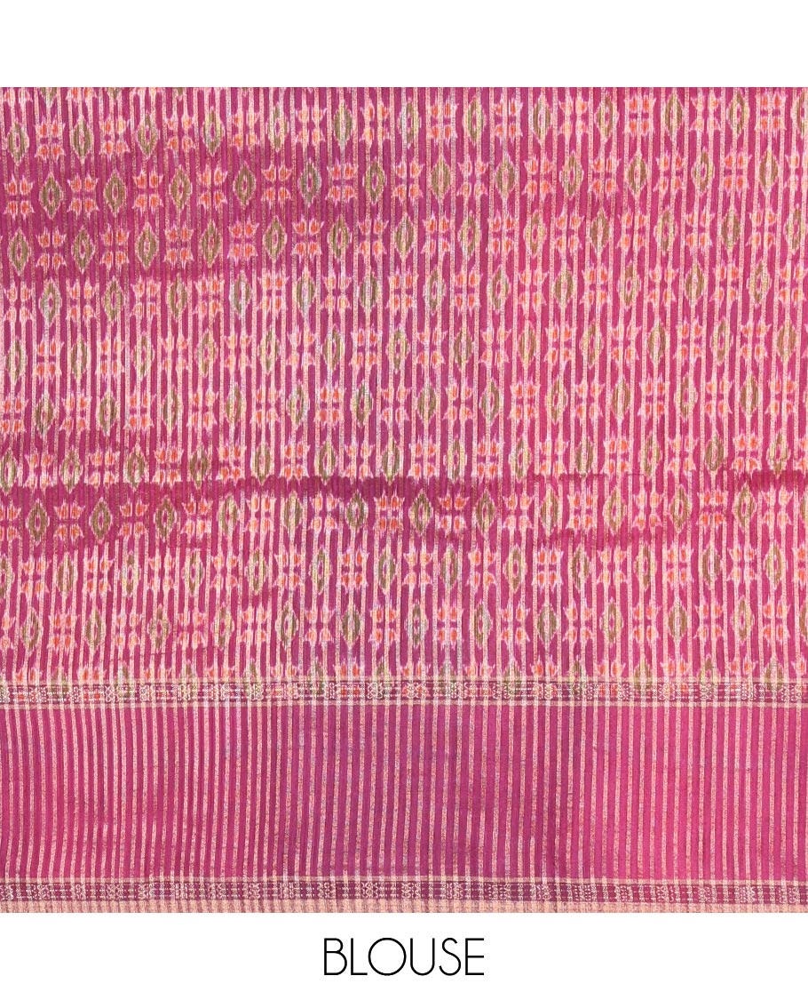Mehendi Green Plain Semi-Tussar Silk Saree, Complemented by a Contrast Geometric Design Border, Subtly Zari Striped Pallu, and Paired with a Contrast Patola Printed Blouse