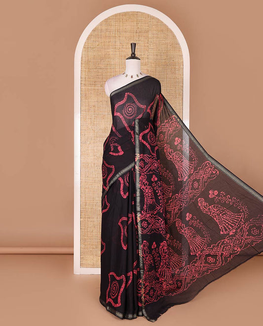 Ink blue batik geometric printed pure cotton saree, zari piping border, human figurines batik printed pallu, and a matching batik printed blouse