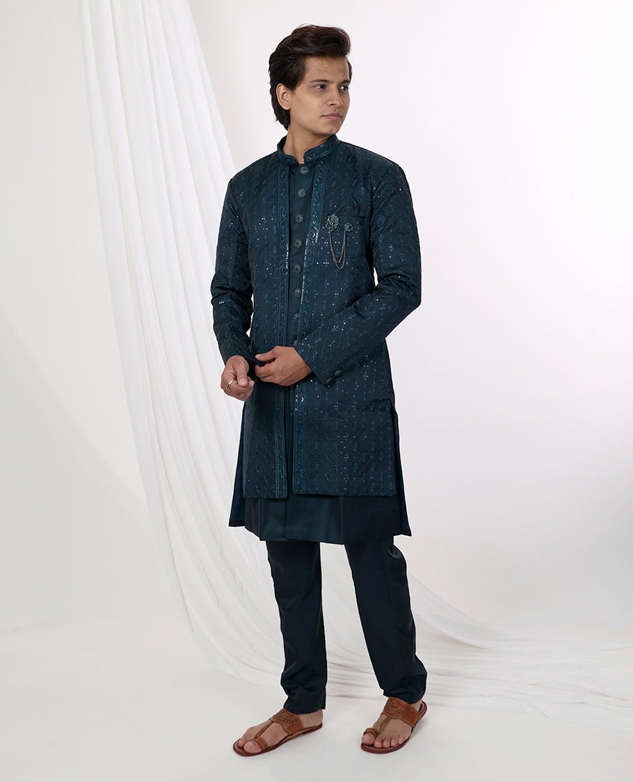 Dark blue floral thread embroidery with sequins work mandarin collar & full-sleeve long raw silk kurta