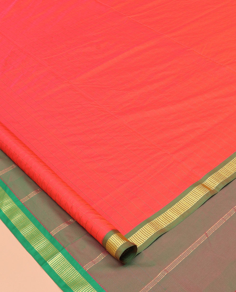 Red Checked Ten Yard Saree, Complemented by a Contrast Zari Border, Contrast Pallu of Stripes, and No Blouse