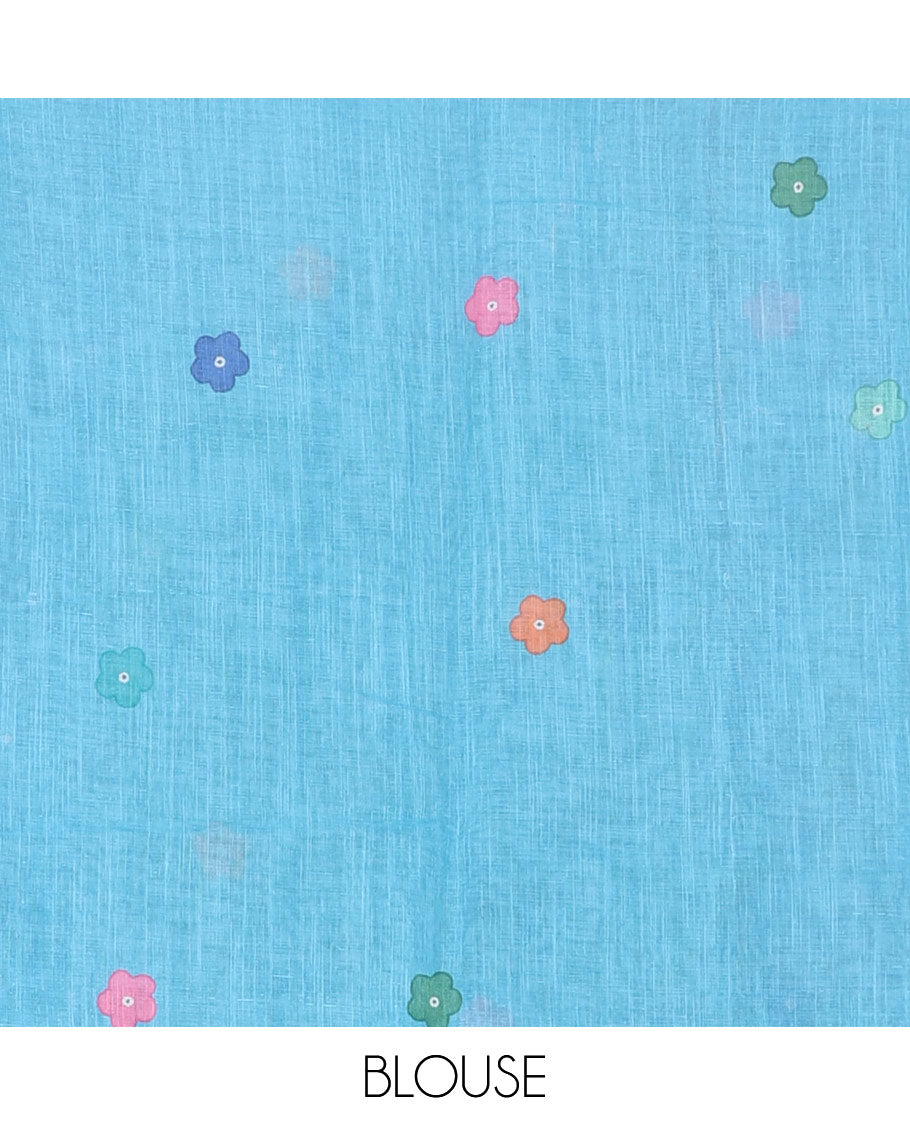 Borderless pink colorful five-petal flower motifs printed linen cotton saree, multi-color striped pallu, and contrast printed blouse