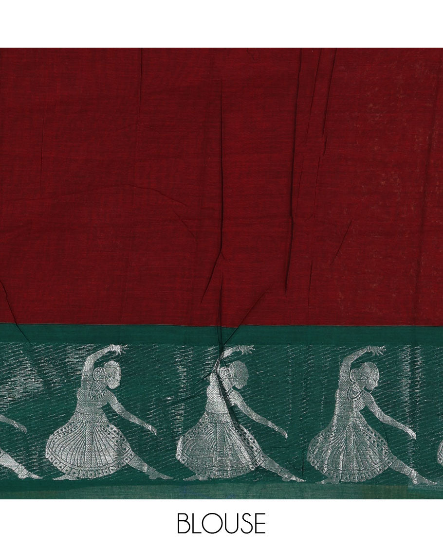 Maroon full-plain Mercerised cotton saree, contrast sliver zari Dancing Bharatanatyam girl motifs woven border, striped pallu & plain blouse