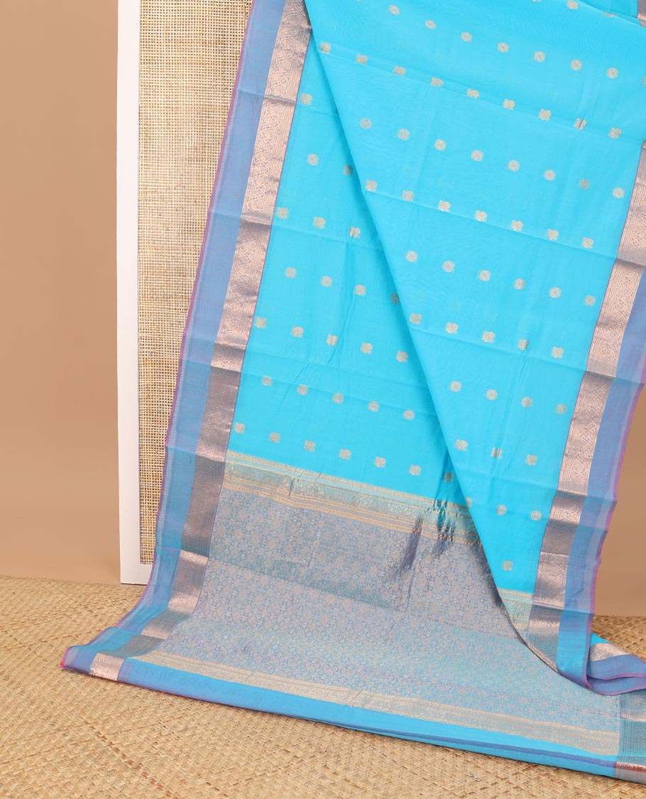 Light blue floral motifs silk cotton saree with contrast zari design border & intricate jaal design pallu