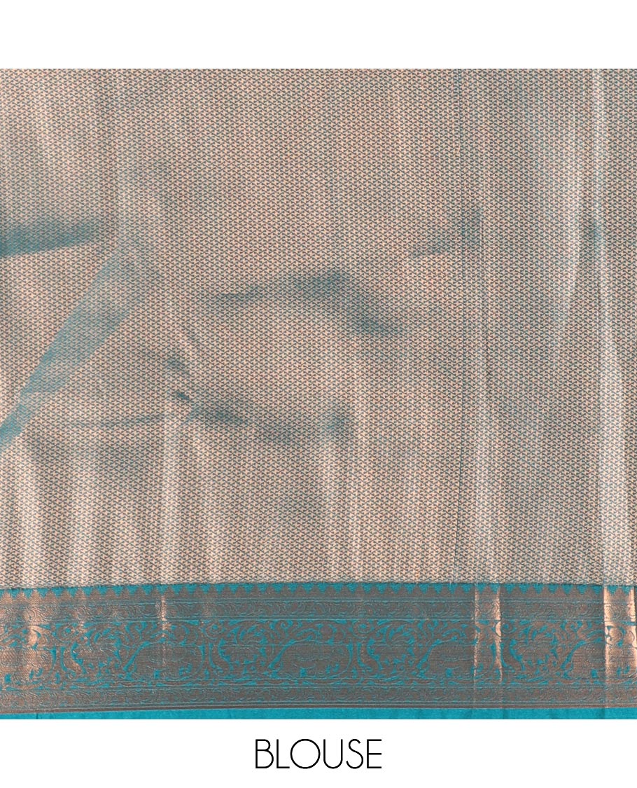 Gold plain luxury soft silk saree, contrast traditional temple zari border of elephant motifs, geometric zari pallu, and a contrast jacquard blouse