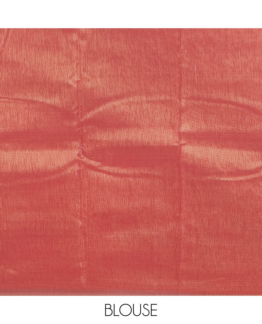 Yellow antique buttas tissue silk saree, contrast satin zari border of half-moon motifs, pallu of temple design pallu, and contrast butta blouse