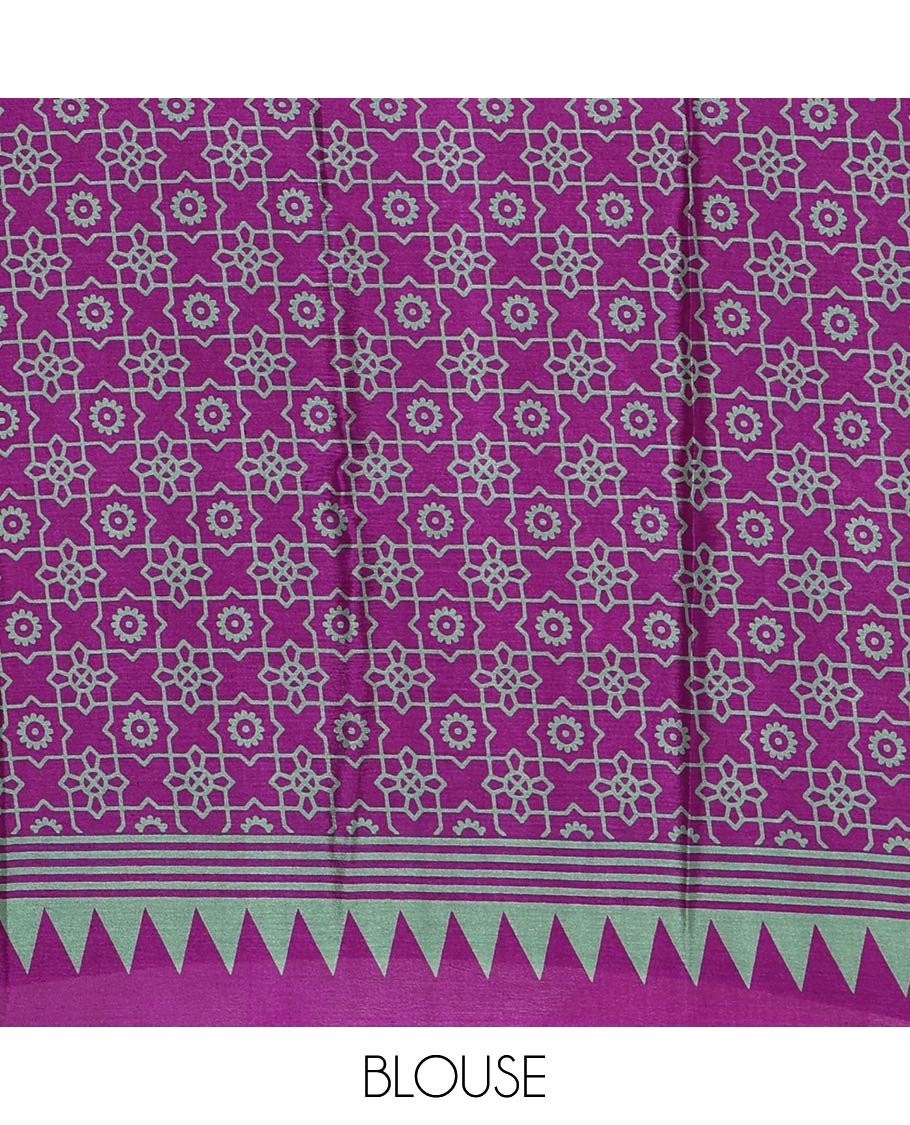 Violet vertical stripes printed Turkey crepe saree, temple printed border, geometric printed pallu & Ajrakh-printed blouse