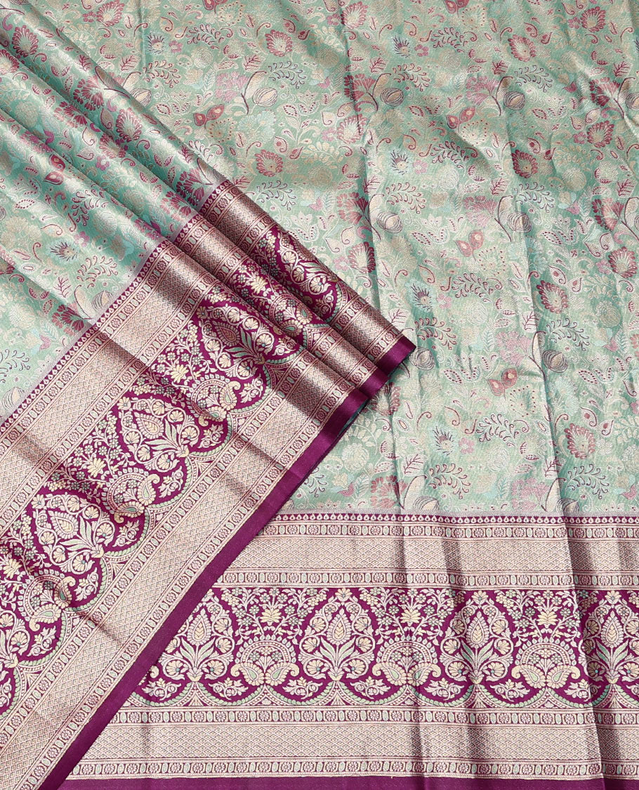 Blue Art Silk Material Half Saree, Majestically Detailed with Jacquard Skirt, a Contrast Meenakari Zari Border, Contrast Blouse, and an Intricate Dhavani