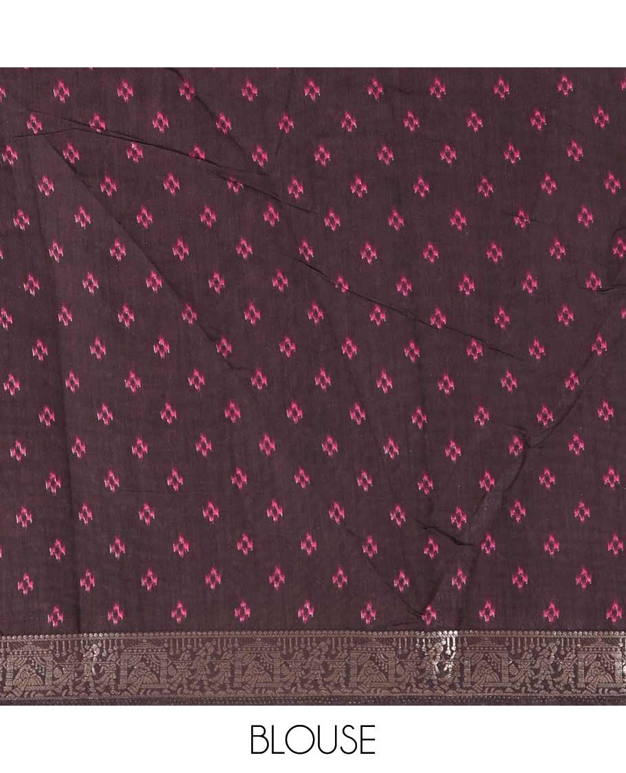 Pink plain muslin cotton saree, contrast wedding-theme of floral and elephant motifs print, printed pallu, and a contrast buttas and zari bordered blouse