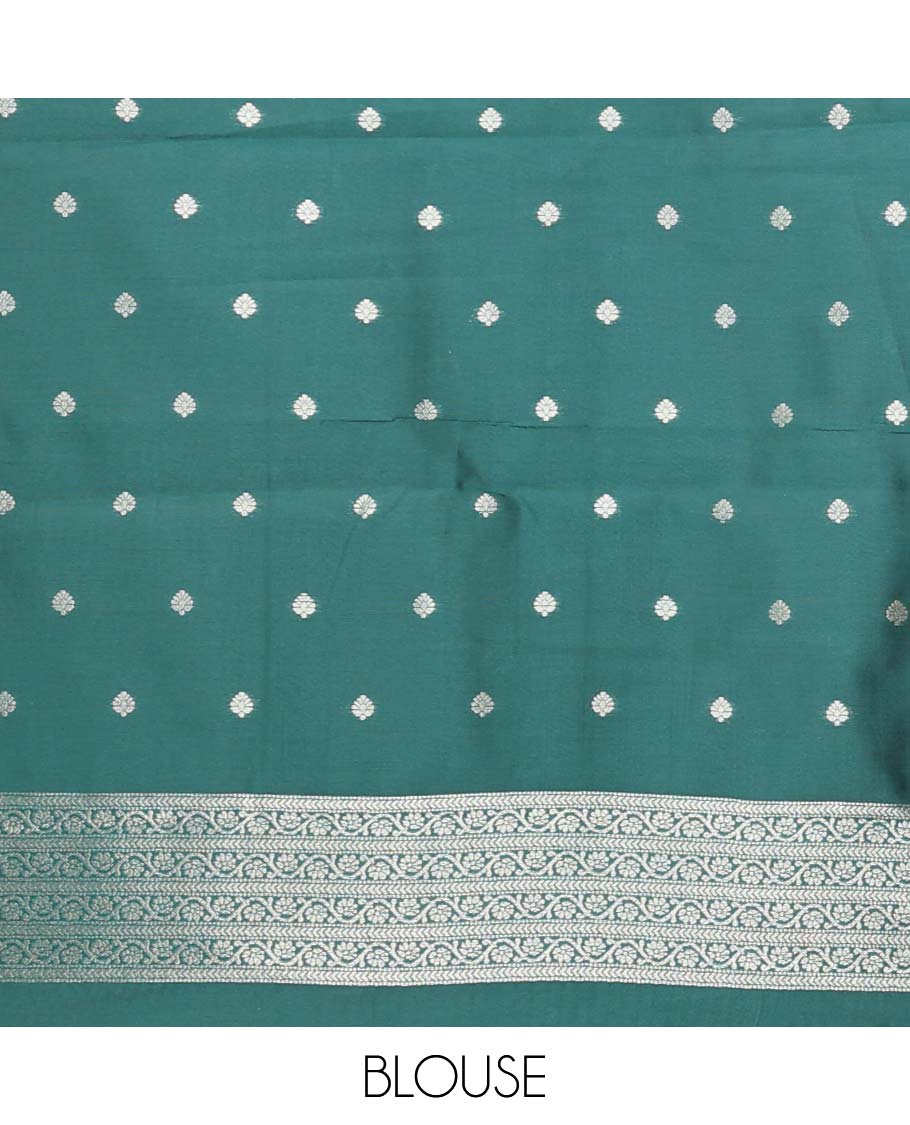 Mint green floral motifs litchi silk saree with contrast floral design border & floral jaal design pallu