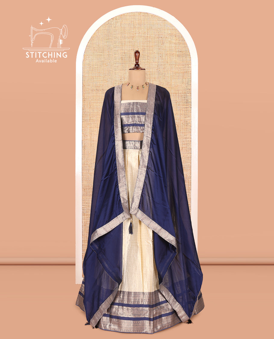Cream-Navy Blue Semi-Silk Half-Saree