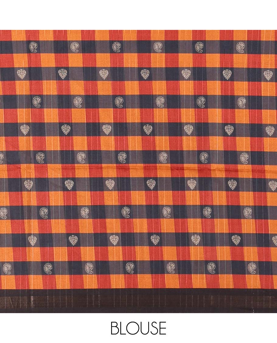 Chikku-black plain kathan silk saree, contrast buttas enclosed multi-color checked blocks border, temple pallu, and contrast blouse of checks, and buttas