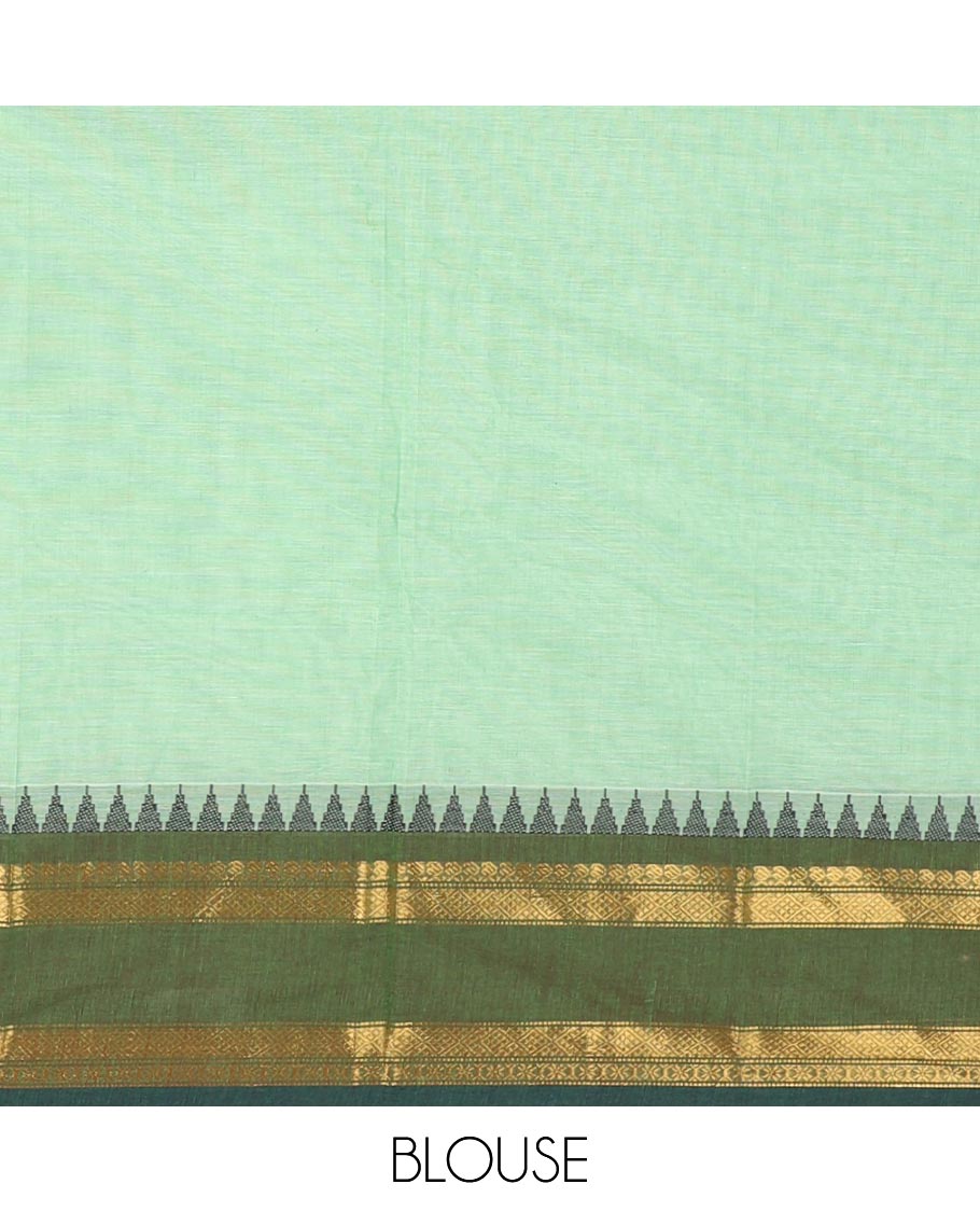 Green plain Chettinad cotton saree, contrast traditional zari rettai pettu temple border, striped pallu and plain blouse